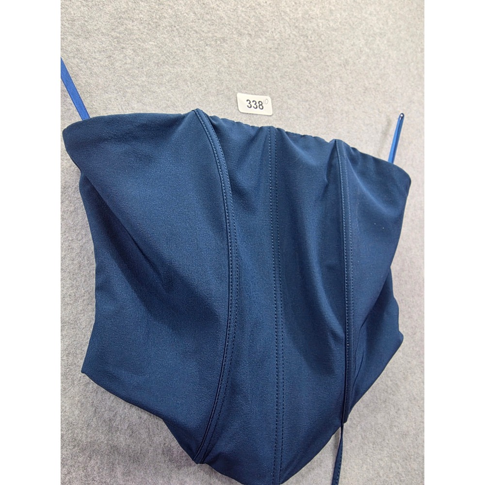 Navy Blue Lace Up Back Corset Top‎ Pointed Hem Strapless XS - Picture 3 of 8